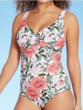 Kona Sol Twist Front One piece, Tropical Print - Pink/Coral/White, NWT, Size M